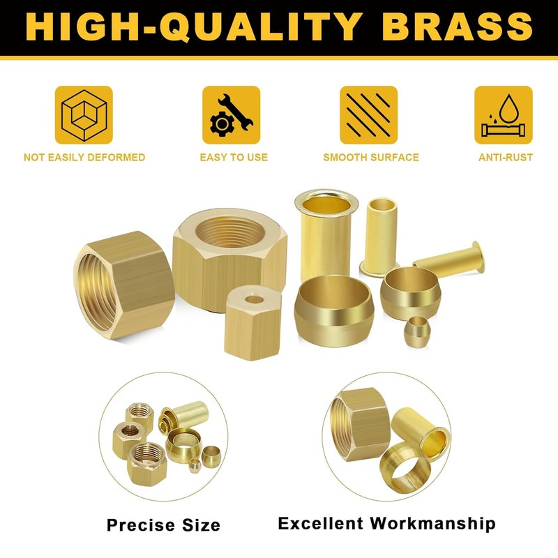 Siptenk 255PCS Brass Compression Sleeves Ferrules Inserts Nuts Fittings for Tube OD 1/2" 3/8" 5/16" 1/4" 3/16" 1/8", 6 Sizes Hose Compression Fitting Brass Ferrule Kit - Image 3